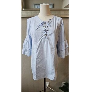 Jones New York Signature Lace Up Striped Top Women Size L White Blue Ruffle Boho